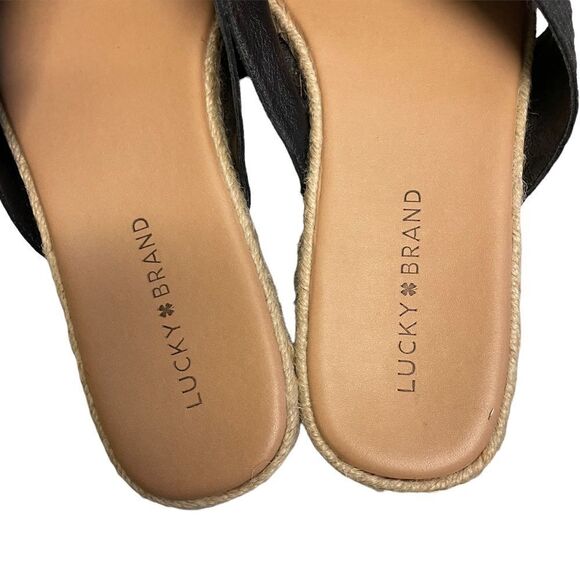 LUCKY BRAND Gayte Slip On Espadrilles Sandals Suede Leather Black Tan 10 - Picture 10 of 11